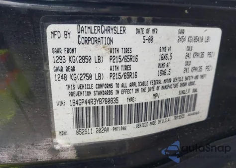 2000 Dodge Grand Caravan Se из США, поврежденный, VIN 1B4GP44R3YB760835